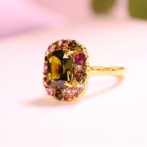 Gold Ring with Olive Green Center and Pink Accent Stones